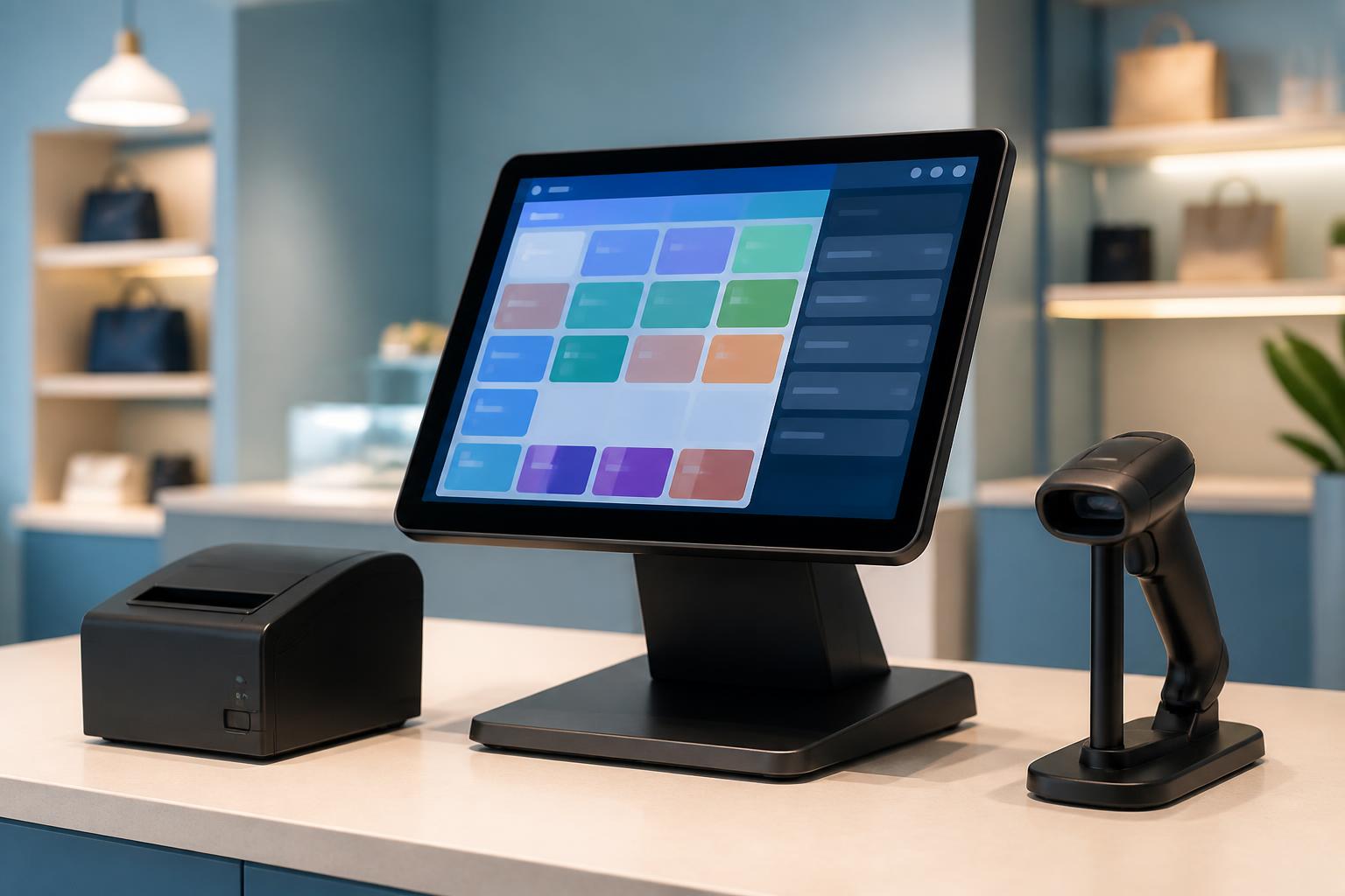 Sistema de punto de venta BOARD: monitor táctil, ticketera y lector de código de barras sobre un mostrador